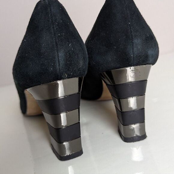 Vision Comfort Vintage Black Suede Pumps – Unique Striped Heels, Size 7B - Picture 7 of 10